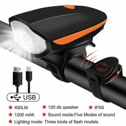 Unbranded Shxx Bicycle Front Light Avec Bike Horn Usb Rechargeable Bike Front Lamp Electronic Bell Cycling Lampe De Poche LanternE VTT Accessoires (orange) Xq-zxc52