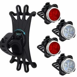 Unbranded 4 Pièces Usb Rechargeable Bicycle Light Front Back Bike Lights Set Avec 1 Pièce 360 Degrés Rotation Silicone Bicycle Phone Mount Bike Accessories Bike