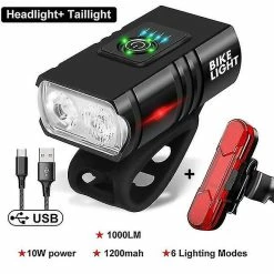 Unbranded T6 Led Bicycle Light Set 10w 1000lm Usb Rechargeable Power Display Bike Headlight Taillight Luz Bicicleta Accessoires De Vélo